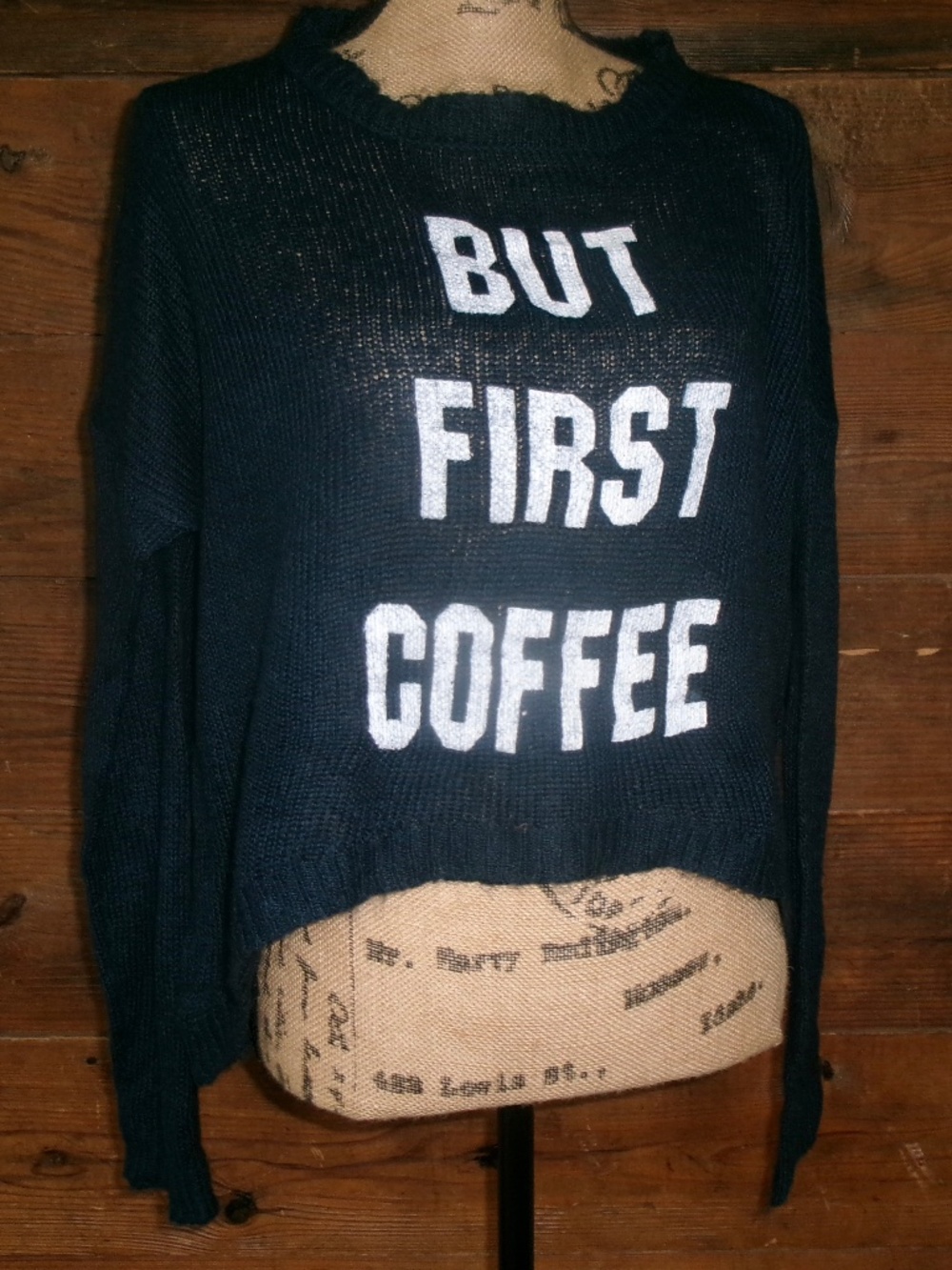 Elan ‘But First Coffee’ navy jumper size M